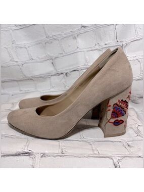 RESTRICTED Block Heel Tan Faux Suede w Embroidered Floral Heels-8